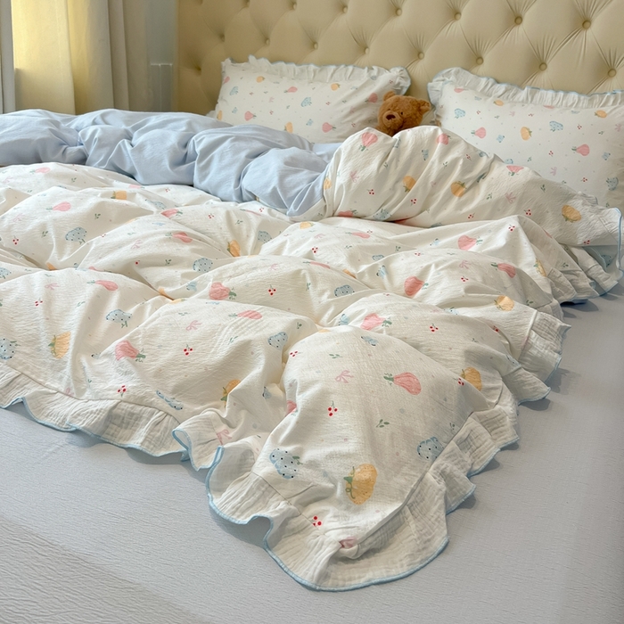 91家纺网 家纺一手货源 找家纺 繁花家居 2025新款高弹线云感木棉多层纱花边超软四件套-风格二 彩色南瓜