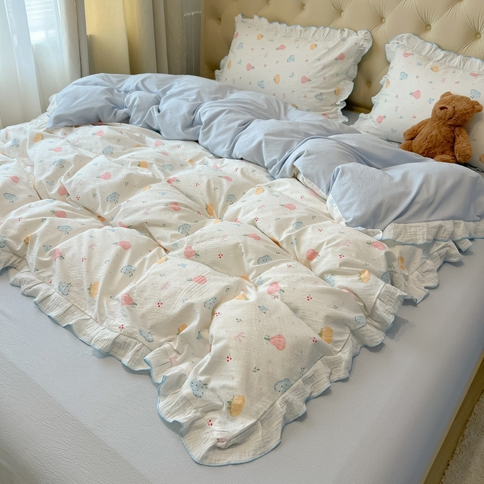 91家纺网 家纺一手货源 找家纺 繁花家居 2025新款高弹线云感木棉多层纱花边超软四件套-风格二 彩色南瓜