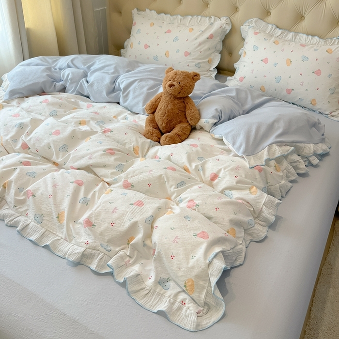 91家纺网 家纺一手货源 找家纺 繁花家居 2025新款高弹线云感木棉多层纱花边超软四件套-风格二 彩色南瓜