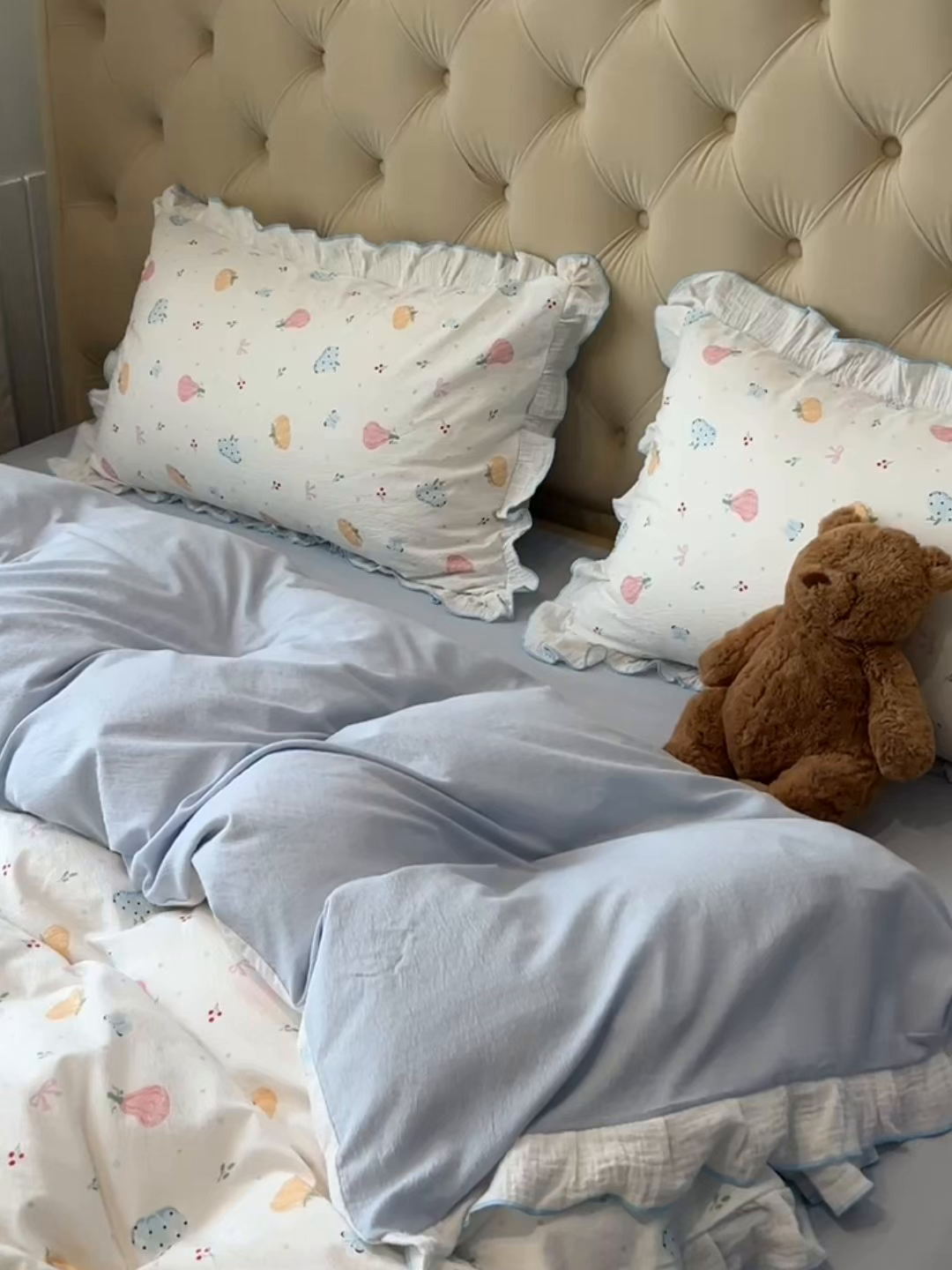 91家纺网 家纺一手货源 找家纺 繁花家居 2025新款高弹线云感木棉多层纱花边超软四件套-风格二 彩色南瓜