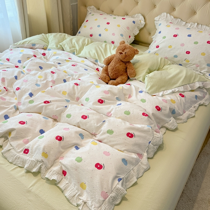 繁花家居 2025新款高弹线云感木棉多层纱花边超软四件套-风格二 彩色苹果