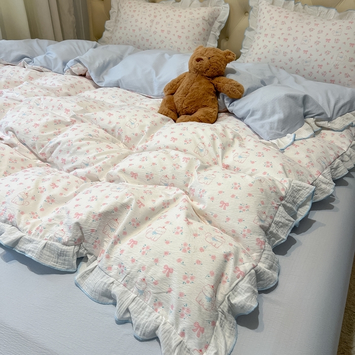 繁花家居 2025新款高弹线云感木棉多层纱花边超软四件套-风格二 粉粉小呆猫