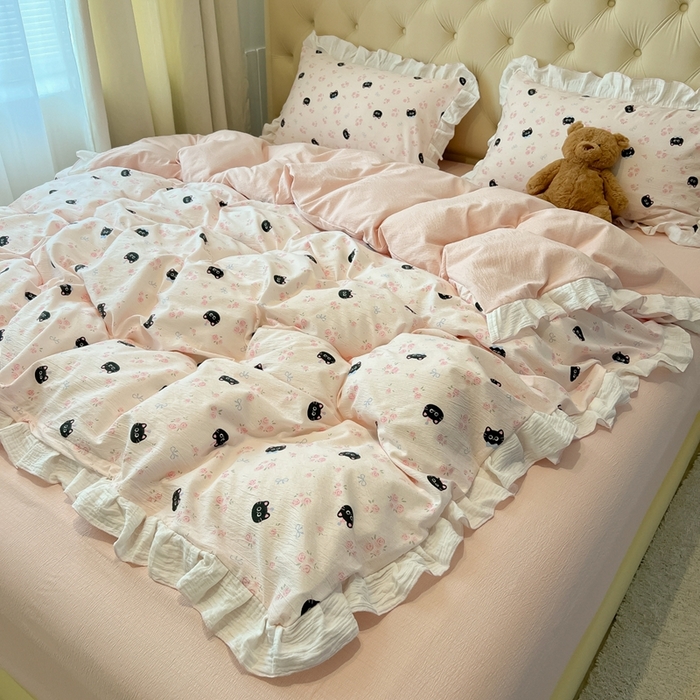 繁花家居 2025新款高弹线云感木棉多层纱花边超软四件套-风格二 黑猫花花