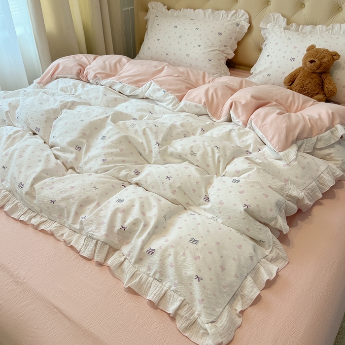 繁花家居 2025新款高弹线云感木棉多层纱花边超软四件套-风格二 蝴蝶结爱心