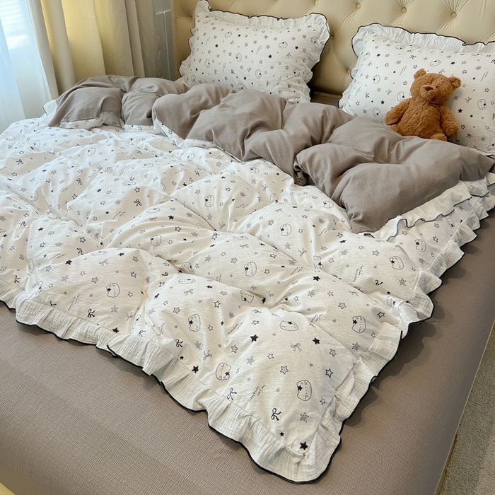 繁花家居 2025新款高弹线云感木棉多层纱花边超软四件套-风格二 回头小猫