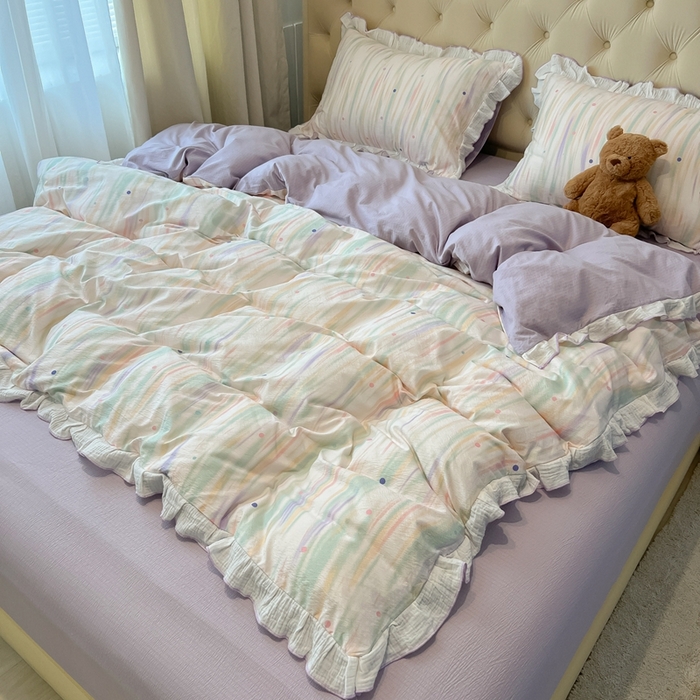 91家纺网 家纺一手货源 找家纺 繁花家居 2025新款高弹线云感木棉多层纱花边超软四件套-风格二 色彩斑斓