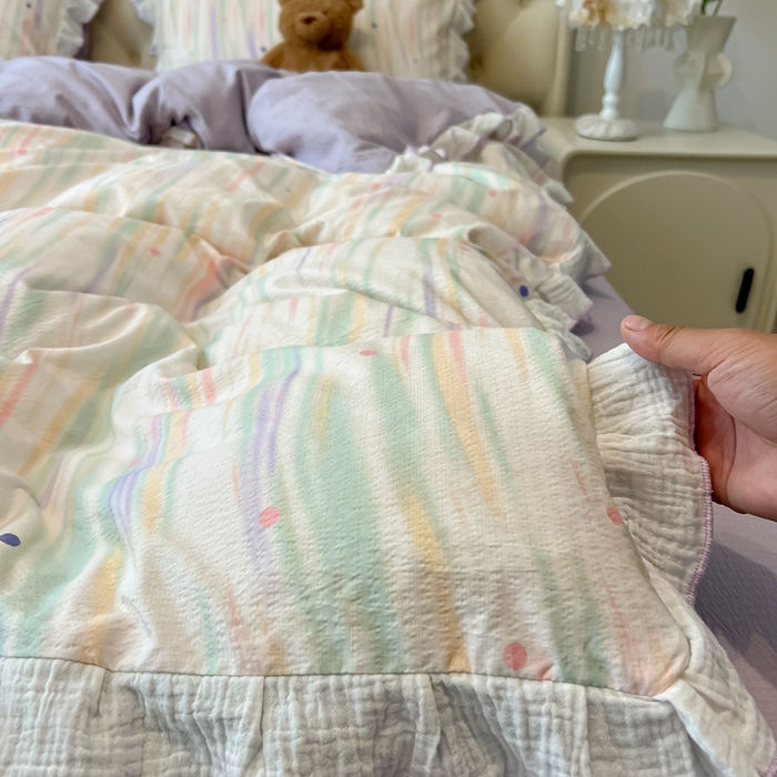 91家纺网 家纺一手货源 找家纺 繁花家居 2025新款高弹线云感木棉多层纱花边超软四件套-风格二 色彩斑斓