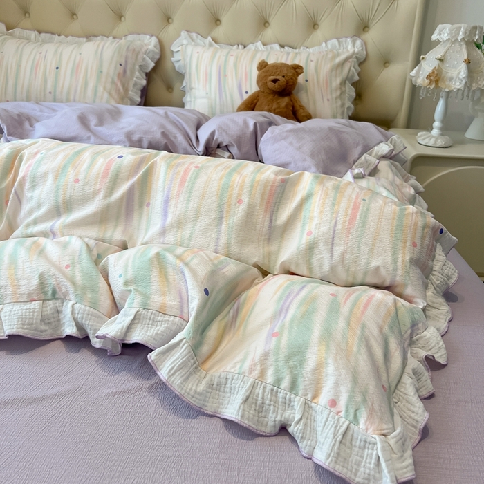 91家纺网 家纺一手货源 找家纺 繁花家居 2025新款高弹线云感木棉多层纱花边超软四件套-风格二 色彩斑斓