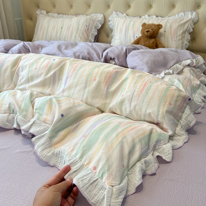 91家纺网 家纺一手货源 找家纺 繁花家居 2025新款高弹线云感木棉多层纱花边超软四件套-风格二 色彩斑斓