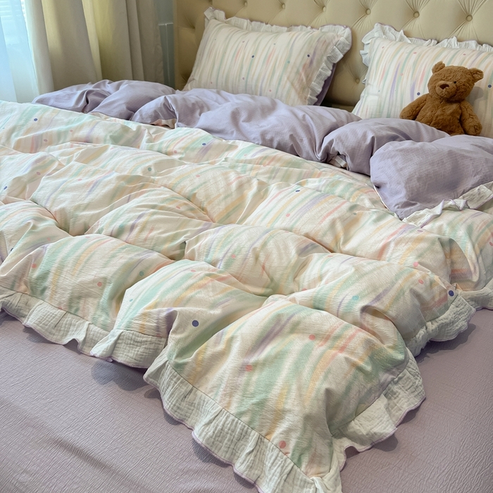 91家纺网 家纺一手货源 找家纺 繁花家居 2025新款高弹线云感木棉多层纱花边超软四件套-风格二 色彩斑斓