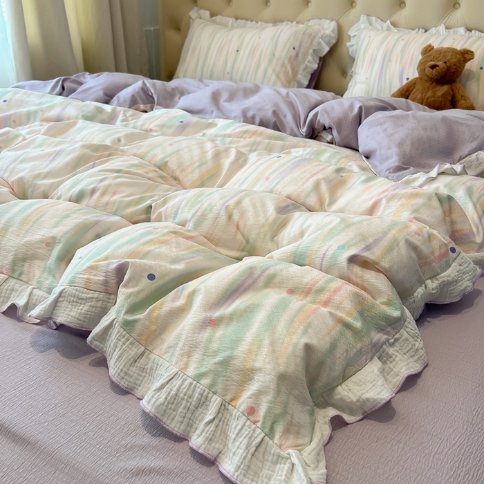 91家纺网 家纺一手货源 找家纺 繁花家居 2025新款高弹线云感木棉多层纱花边超软四件套-风格二 色彩斑斓