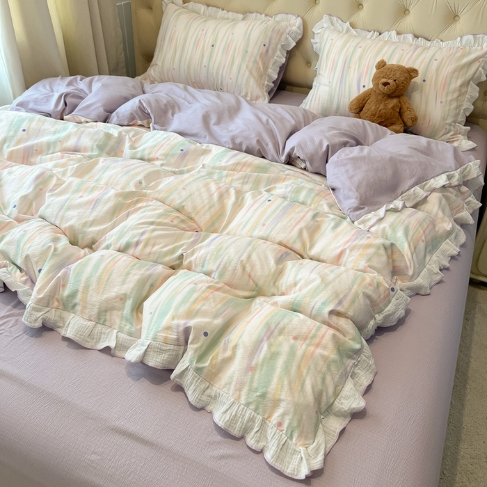 91家纺网 家纺一手货源 找家纺 繁花家居 2025新款高弹线云感木棉多层纱花边超软四件套-风格二 色彩斑斓