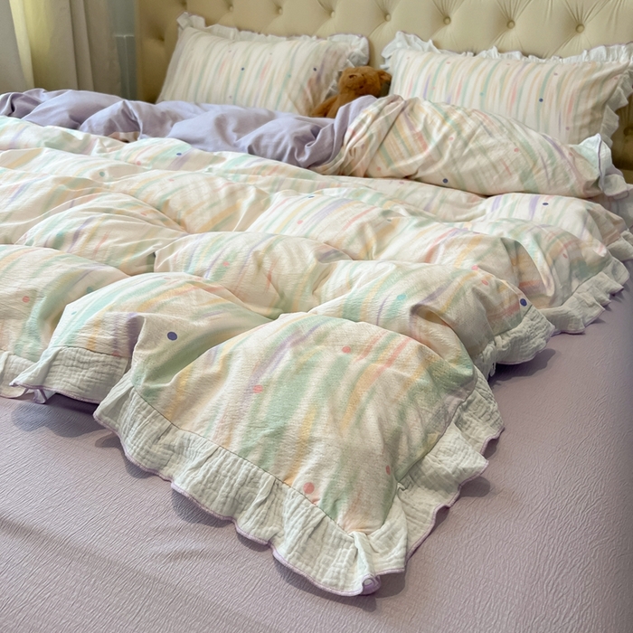 91家纺网 家纺一手货源 找家纺 繁花家居 2025新款高弹线云感木棉多层纱花边超软四件套-风格二 色彩斑斓