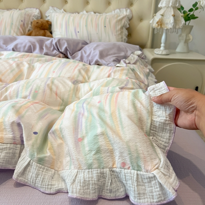 91家纺网 家纺一手货源 找家纺 繁花家居 2025新款高弹线云感木棉多层纱花边超软四件套-风格二 色彩斑斓