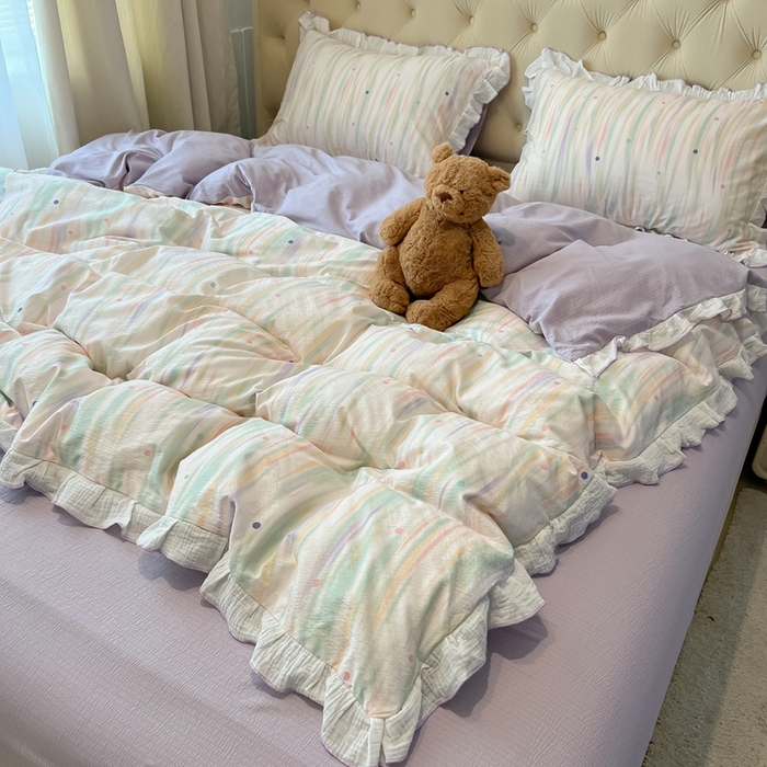 91家纺网 家纺一手货源 找家纺 繁花家居 2025新款高弹线云感木棉多层纱花边超软四件套-风格二 色彩斑斓