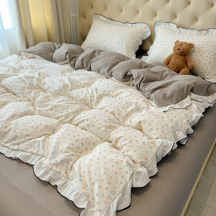 91家纺网 家纺一手货源 找家纺 繁花家居 2025新款高弹线云感木棉多层纱花边超软四件套-风格二 森林公园