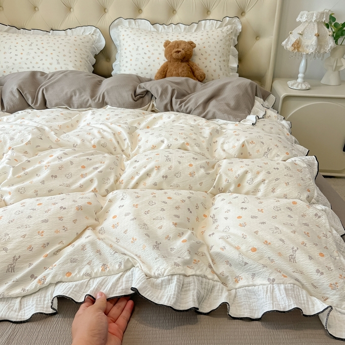 91家纺网 家纺一手货源 找家纺 繁花家居 2025新款高弹线云感木棉多层纱花边超软四件套-风格二 森林公园