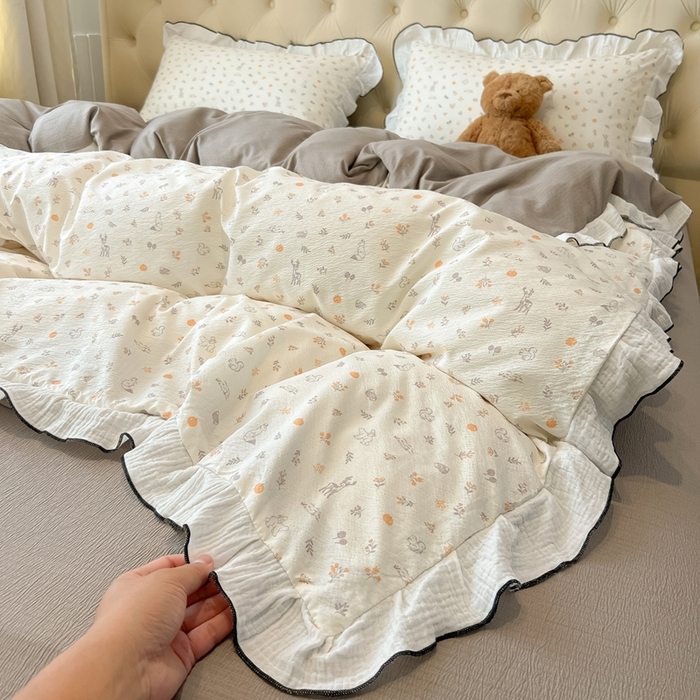 91家纺网 家纺一手货源 找家纺 繁花家居 2025新款高弹线云感木棉多层纱花边超软四件套-风格二 森林公园