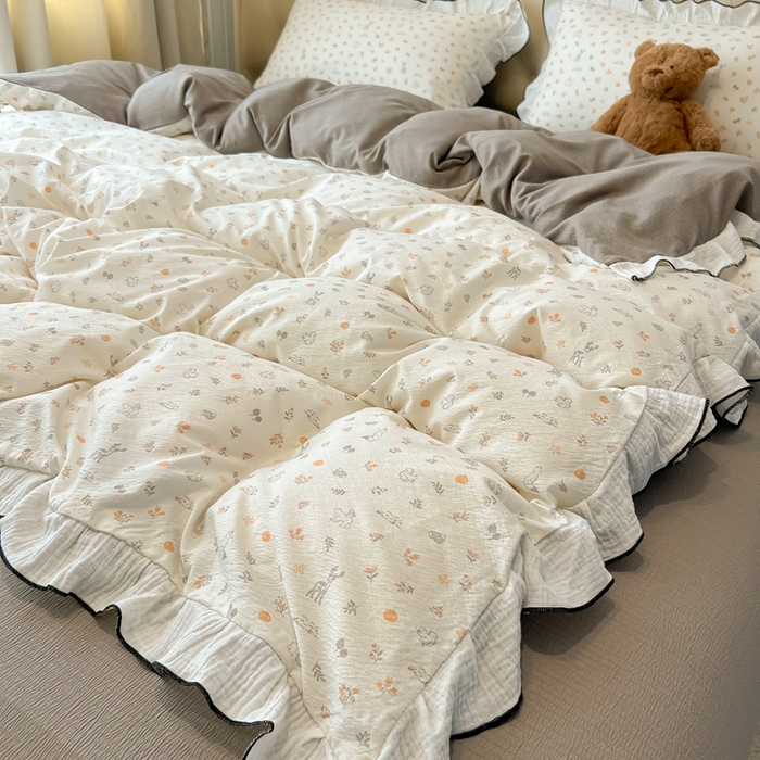 91家纺网 家纺一手货源 找家纺 繁花家居 2025新款高弹线云感木棉多层纱花边超软四件套-风格二 森林公园