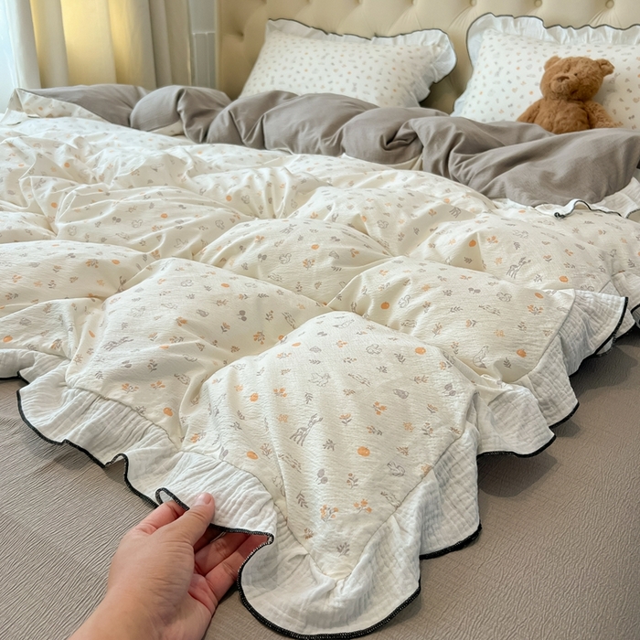 91家纺网 家纺一手货源 找家纺 繁花家居 2025新款高弹线云感木棉多层纱花边超软四件套-风格二 森林公园