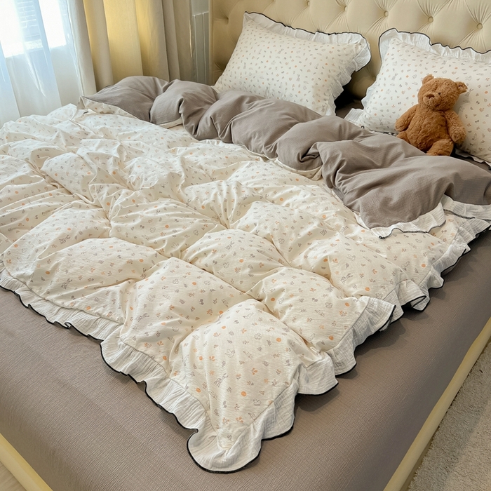 91家纺网 家纺一手货源 找家纺 繁花家居 2025新款高弹线云感木棉多层纱花边超软四件套-风格二 森林公园