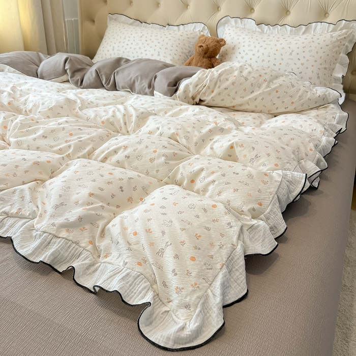 91家纺网 家纺一手货源 找家纺 繁花家居 2025新款高弹线云感木棉多层纱花边超软四件套-风格二 森林公园