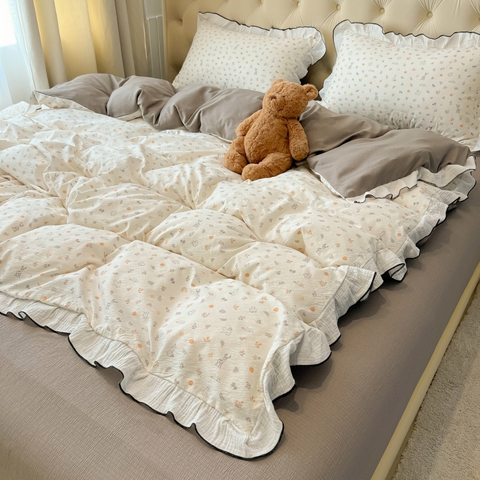 91家纺网 家纺一手货源 找家纺 繁花家居 2025新款高弹线云感木棉多层纱花边超软四件套-风格二 森林公园