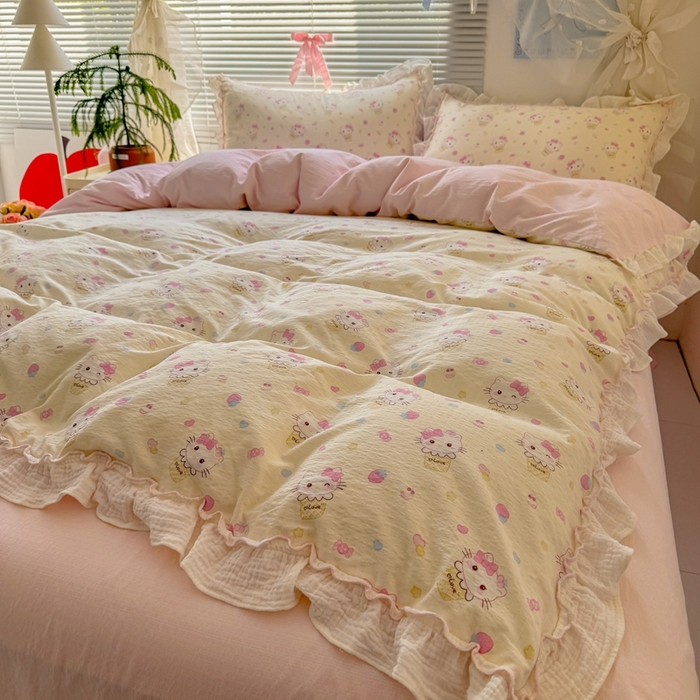 繁花家居 2025新款高弹线云感木棉多层纱花边超软四件套-风格二 圣代甜喵-米