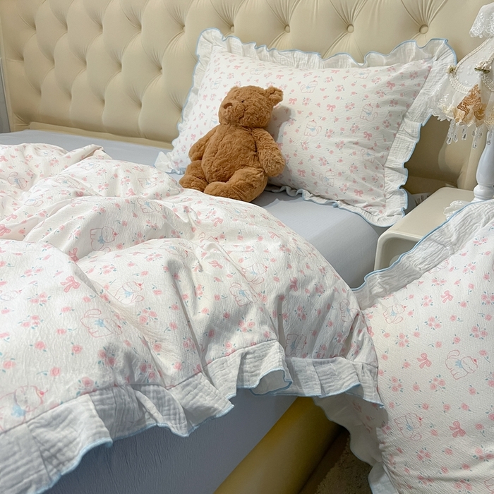 91家纺网 家纺一手货源 找家纺 （总）繁花家居 2025新款高弹线云感木棉多层纱花边超软四件套-风格二