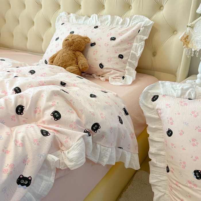 91家纺网 家纺一手货源 找家纺 繁花家居 2025新款高弹线云感木棉多层纱花边超软四件套-风格二 黑猫花花