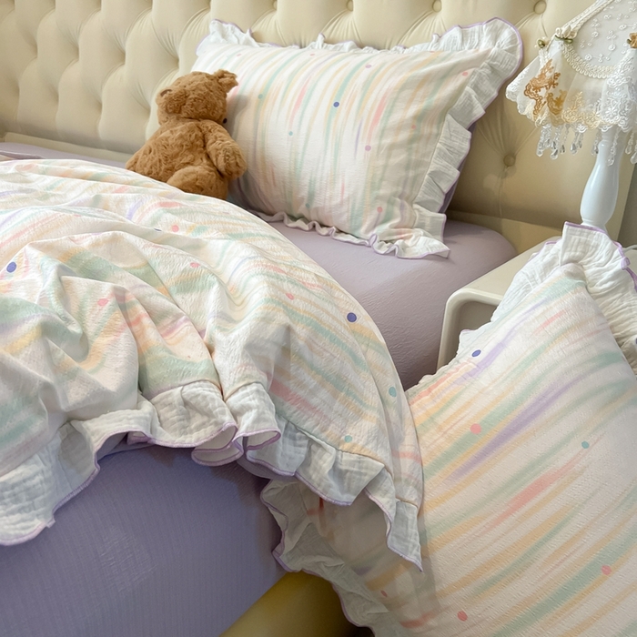 91家纺网 家纺一手货源 找家纺 繁花家居 2025新款高弹线云感木棉多层纱花边超软四件套-风格二 色彩斑斓