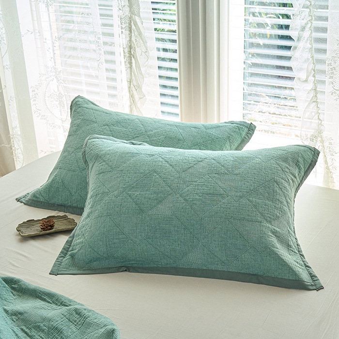 91家纺网 家纺一手货源 找家纺 棠薇家纺 2025新款提花绑带款枕巾棉纱布枕巾夹棉枕头巾 纯色三角绿