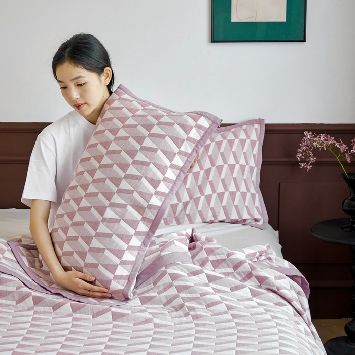 棠薇家纺 2025新款提花绑带款枕巾棉纱布枕巾夹棉枕头巾 菱格紫