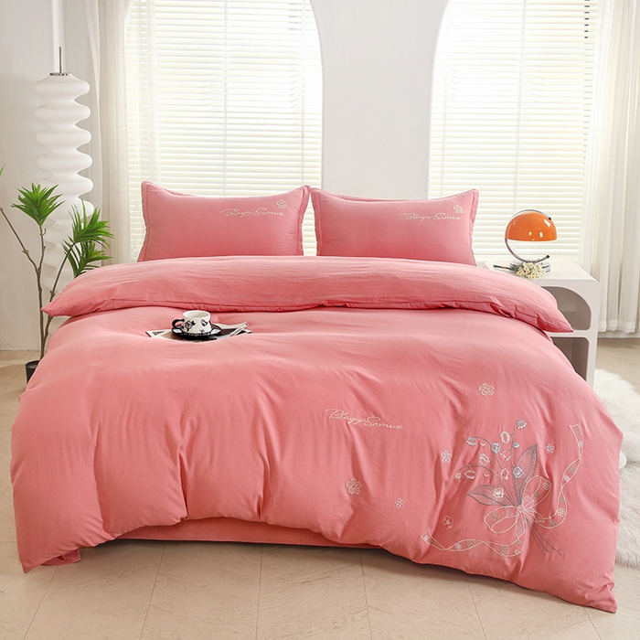 91家纺网 家纺一手货源 找家纺 天之悦家纺 2025新款水洗棉刺绣四件套-花颜 花颜-粉