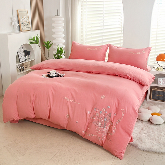 91家纺网 家纺一手货源 找家纺 天之悦家纺 2025新款水洗棉刺绣四件套-花颜 花颜-粉