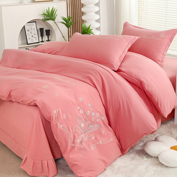 91家纺网 家纺一手货源 找家纺 天之悦家纺 2025新款水洗棉刺绣四件套-花颜 花颜-粉