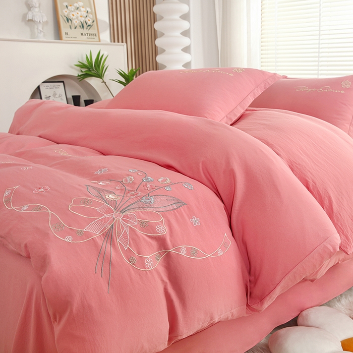 91家纺网 家纺一手货源 找家纺 天之悦家纺 2025新款水洗棉刺绣四件套-花颜 花颜-粉