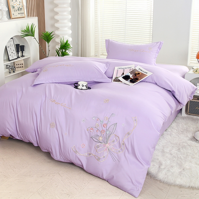 91家纺网 家纺一手货源 找家纺 天之悦家纺 2025新款水洗棉刺绣四件套-花颜 花颜-紫