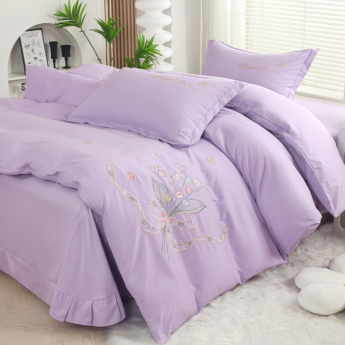 91家纺网 家纺一手货源 找家纺 天之悦家纺 2025新款水洗棉刺绣四件套-花颜 花颜-紫