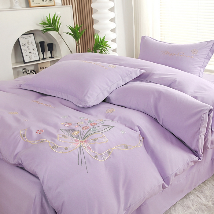 91家纺网 家纺一手货源 找家纺 天之悦家纺 2025新款水洗棉刺绣四件套-花颜 花颜-紫