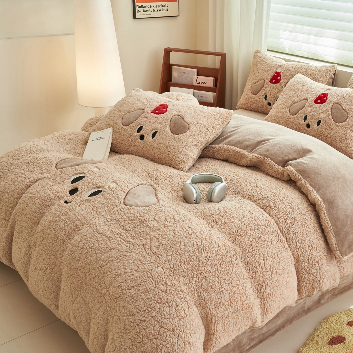 91家纺网 家纺一手货源 找家纺 晨曦家纺 2025贴布绣刺绣工艺羊羔绒牛奶绒四件套 呆萌小狗-咖