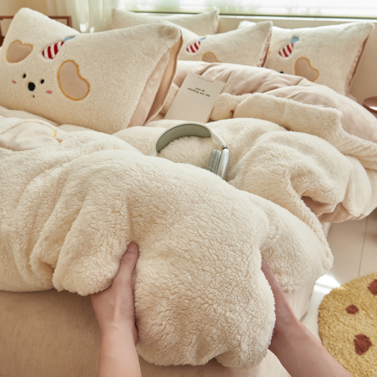 91家纺网 家纺一手货源 找家纺 晨曦家纺 2025贴布绣刺绣工艺羊羔绒牛奶绒四件套 呆萌小狗-奶白