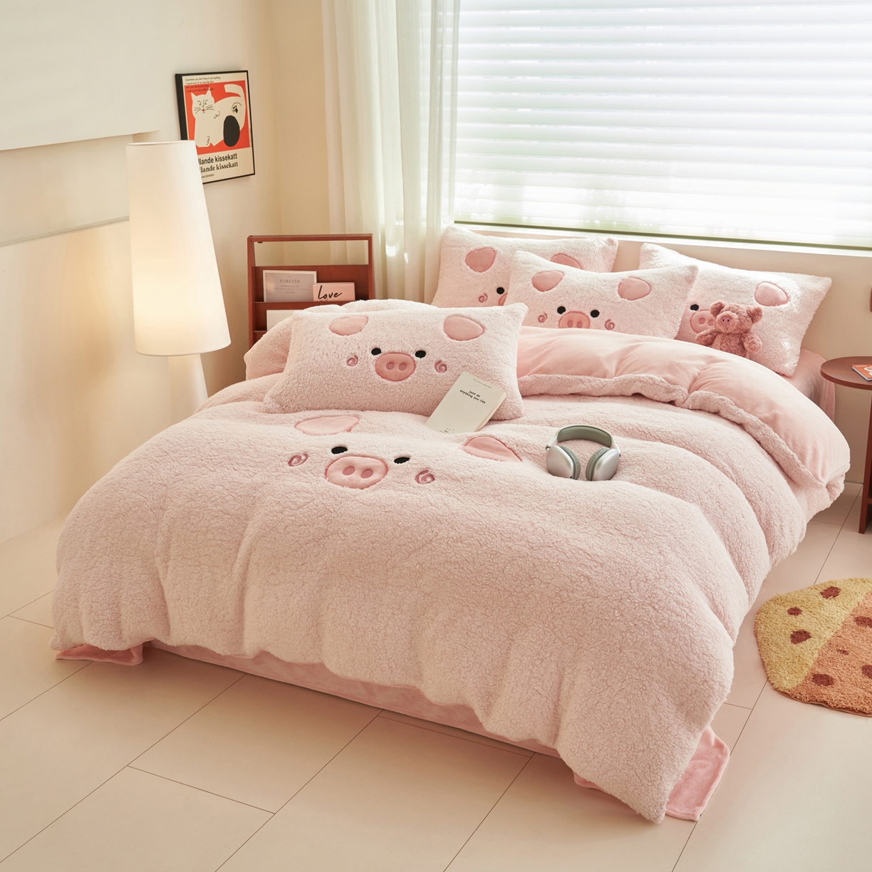 91家纺网 家纺一手货源 找家纺 晨曦家纺 2025贴布绣刺绣工艺羊羔绒牛奶绒四件套 粉佩奇