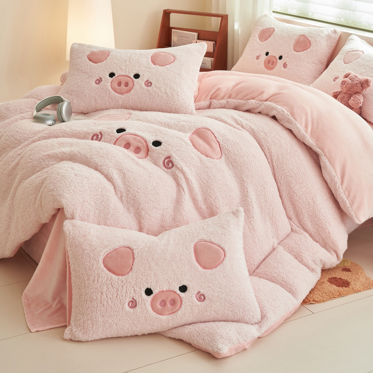 91家纺网 家纺一手货源 找家纺 晨曦家纺 2025贴布绣刺绣工艺羊羔绒牛奶绒四件套 粉佩奇