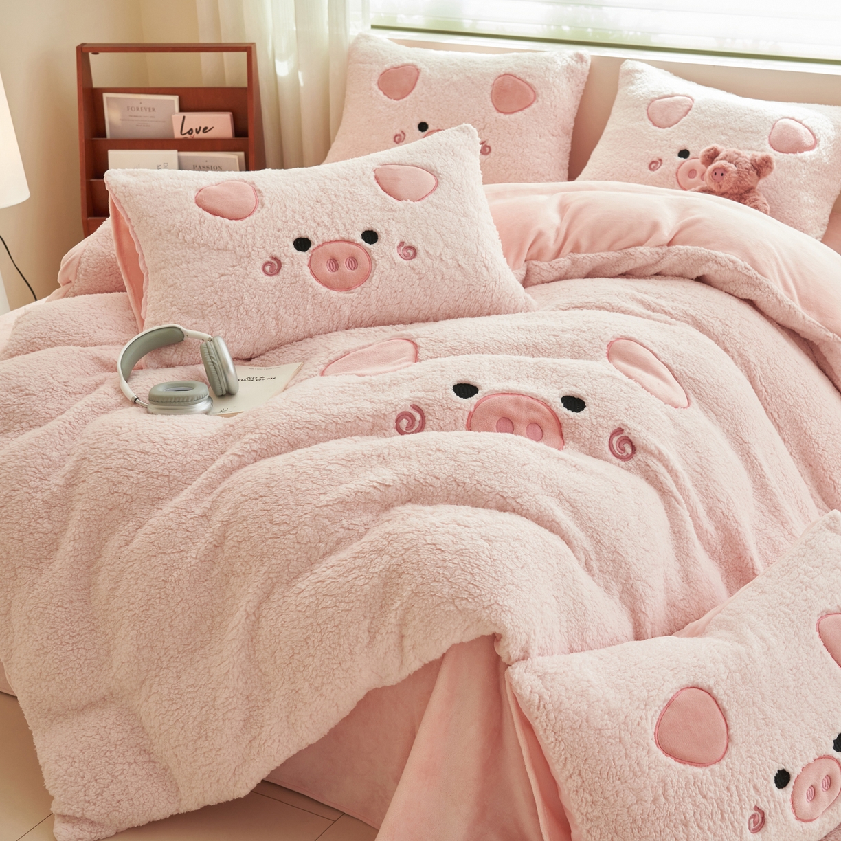 91家纺网 家纺一手货源 找家纺 晨曦家纺 2025贴布绣刺绣工艺羊羔绒牛奶绒四件套 粉佩奇