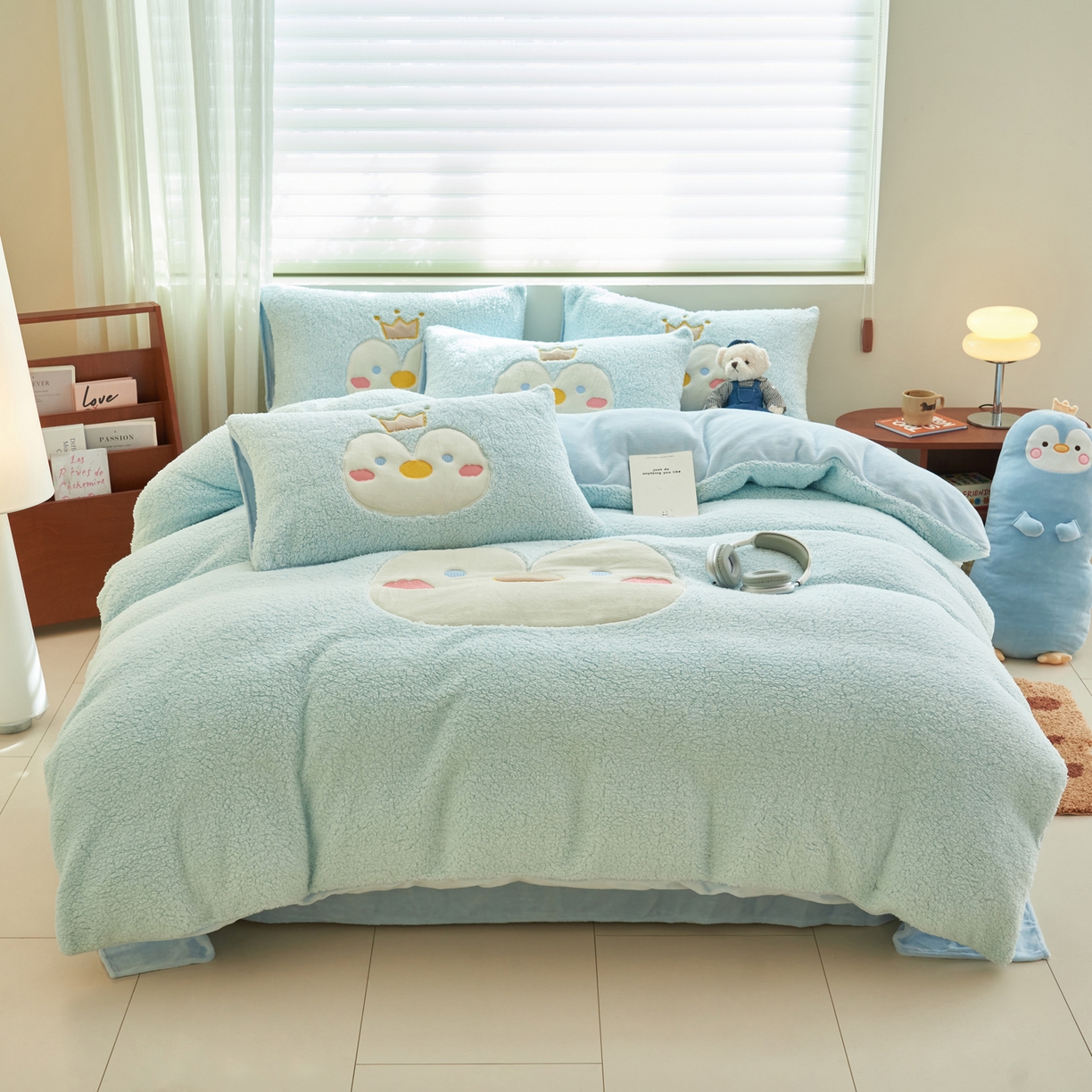 91家纺网 家纺一手货源 找家纺 晨曦家纺 2025贴布绣刺绣工艺羊羔绒牛奶绒四件套 可爱企鹅