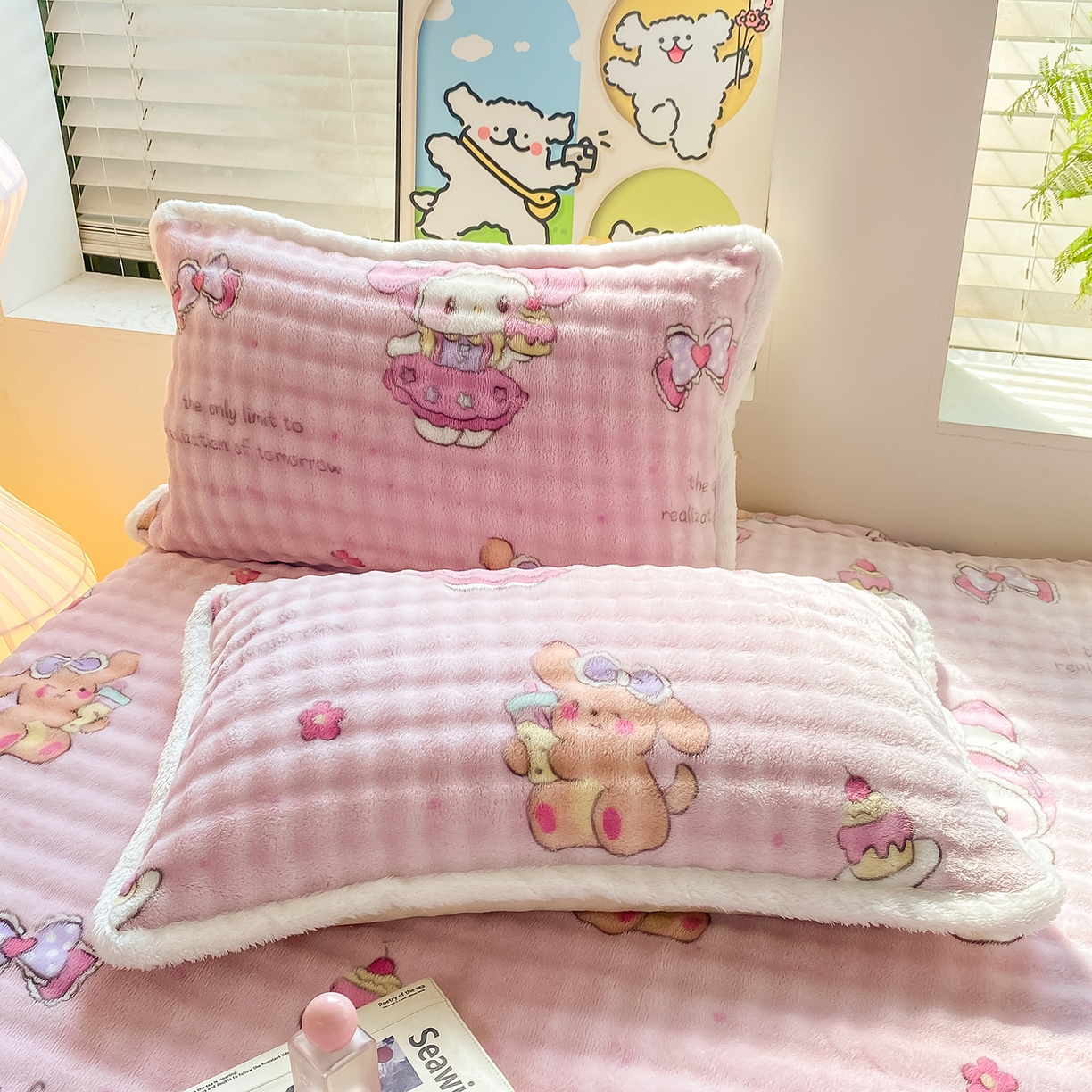 91家纺网 家纺一手货源 找家纺 眠势力 2025新款暖绒泡泡床笠单件冬季保暖床罩牛奶绒床垫保护套 蛋糕兔兔【暖绒泡泡床笠】