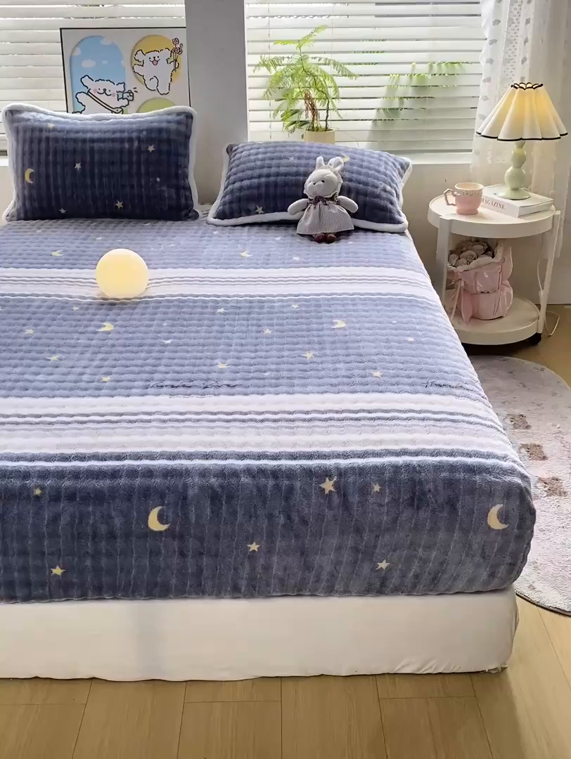 91家纺网 家纺一手货源 找家纺 眠势力 2025新款暖绒泡泡床笠单件冬季保暖床罩牛奶绒床垫保护套 繁星【暖绒泡泡床笠】