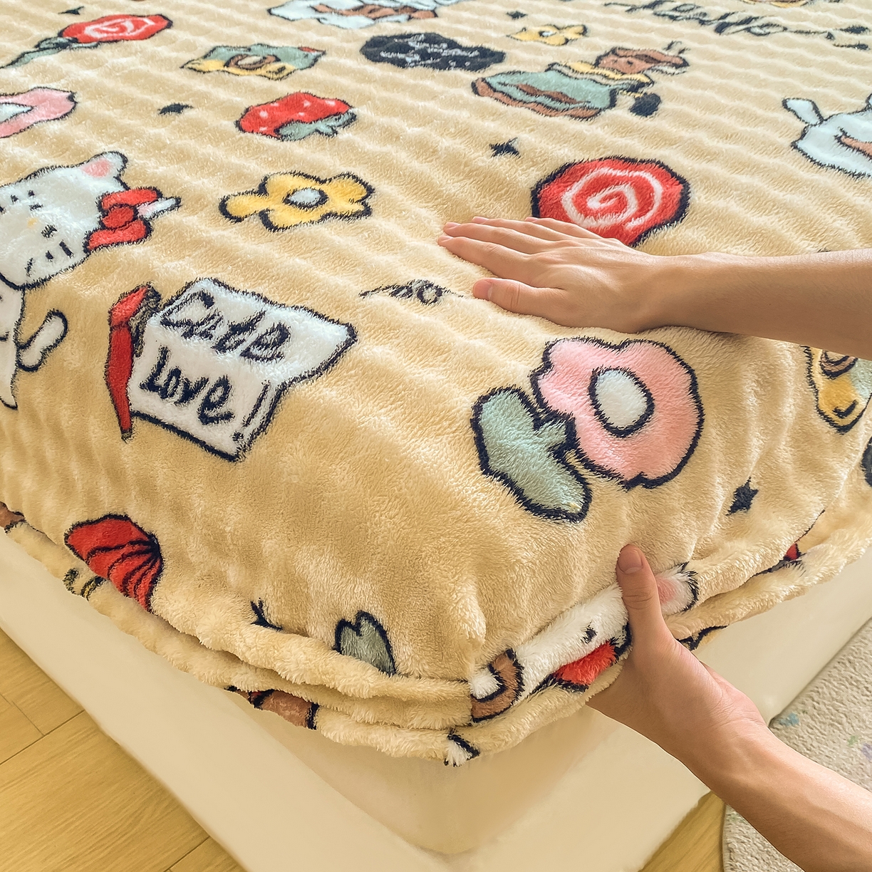 91家纺网 家纺一手货源 找家纺 眠势力 2025新款暖绒泡泡床笠单件冬季保暖床罩牛奶绒床垫保护套 可爱多【暖绒泡泡床笠】