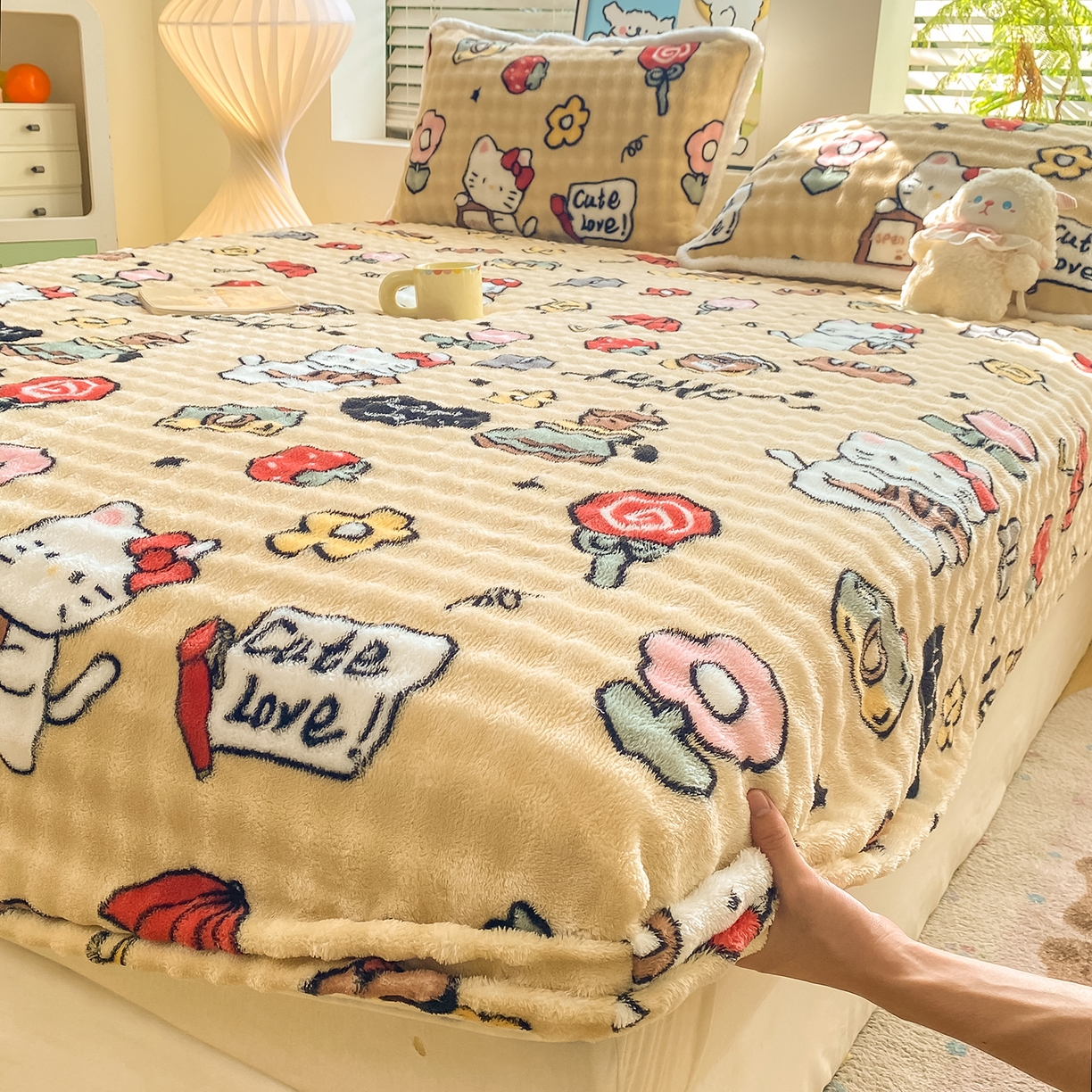 91家纺网 家纺一手货源 找家纺 眠势力 2025新款暖绒泡泡床笠单件冬季保暖床罩牛奶绒床垫保护套 可爱多【暖绒泡泡床笠】